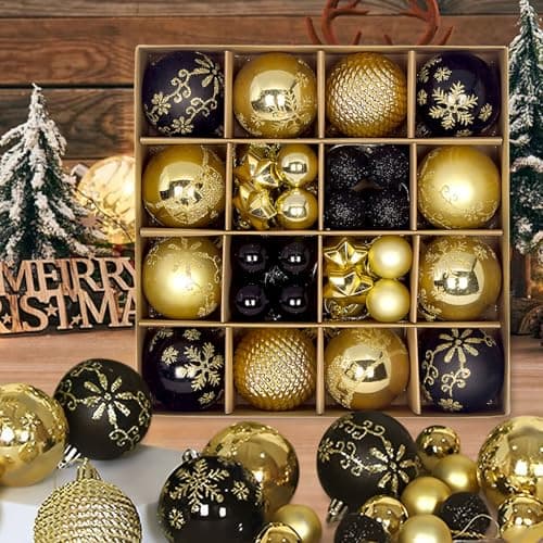 44 Boules de Noël Noir Or Set,Ø 6/4.3/3cm Boules de Noël en Plastique avec Crochet pour décoration d'arbre de Noël,Boules de Noël Décoration d'arbre Extérieur et Intérieur Décoration d'arbre Noël