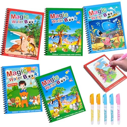 Januts 5 Pièces Livre de Dessin Magique de L'eau Coloriage Réutilisable Graffiti Livre Magique à L'Eau Animaux Thèmes Livres de Coloriage à l'eau Garçons et Filles avec Des Stylos