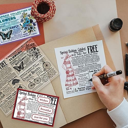GLOBLELAND Tampons Transparents avec Fond de Texte de Journal Vintage Feuilles de Timbres en Gaufrage Rétro Dame Papillon Tampons Transparents en Silicone pour Scrapbooking et Cartes Décoration