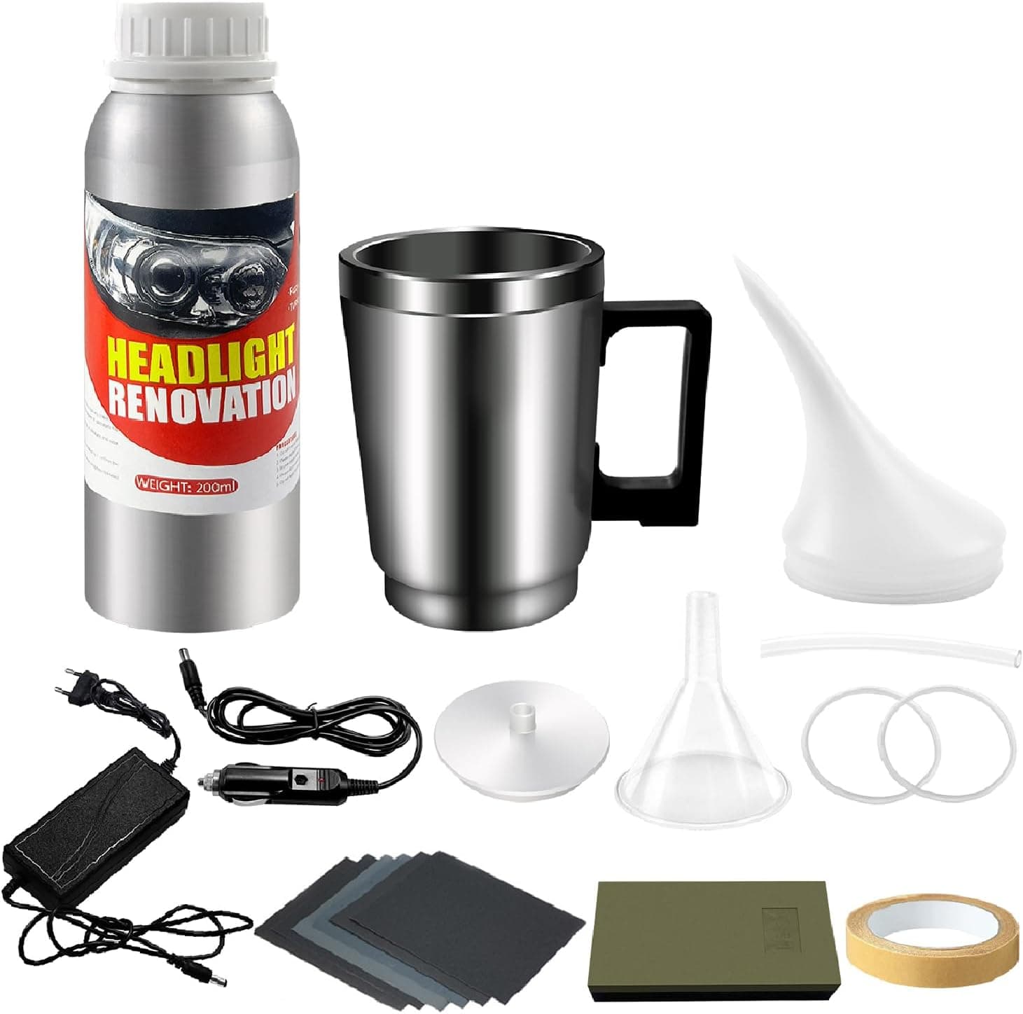 Kit Renovation Phare Voiture 200ml, Kit de rénovation de phares de Voiture avec Tasse d'atomisation, Kit Polissage jaunissement Flou Scratch du Phares des Auto et de Moto