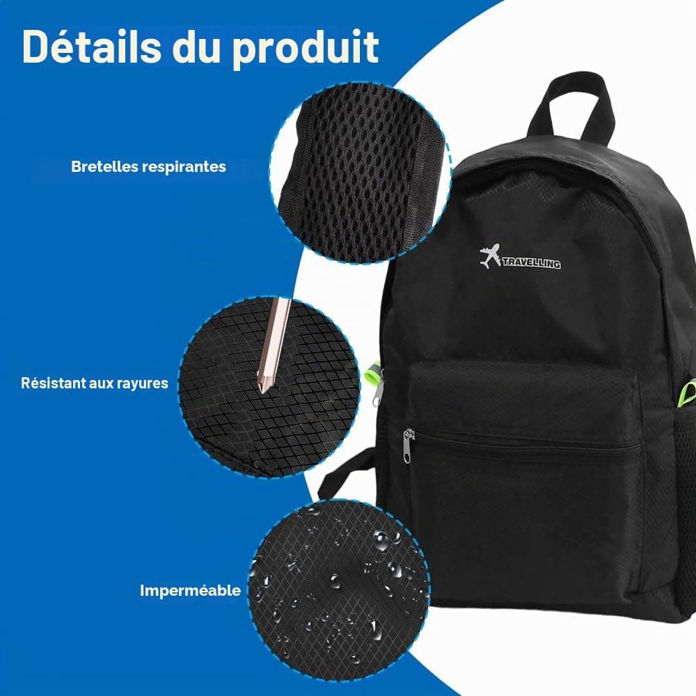 Sac à Dos Pliable Ultra Léger 15L, Noir Sacs à Dos de Randonnée Imperméable | Léger et Portable, pour Homme et Femme, Excursions, Escapades Urbaines, Shopping et Vacances
