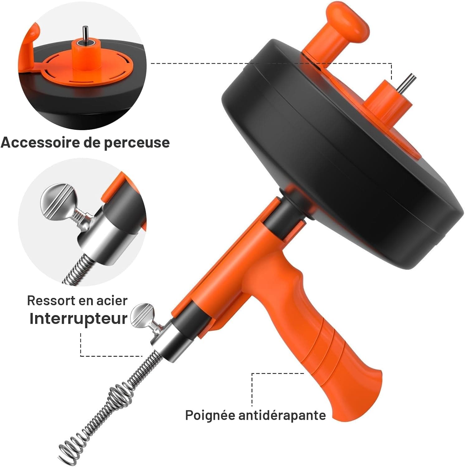 Furet déboucheur Stable - Spirale Nettoyage Tuyau 10 m, Tambour Métal & Embout de Percage