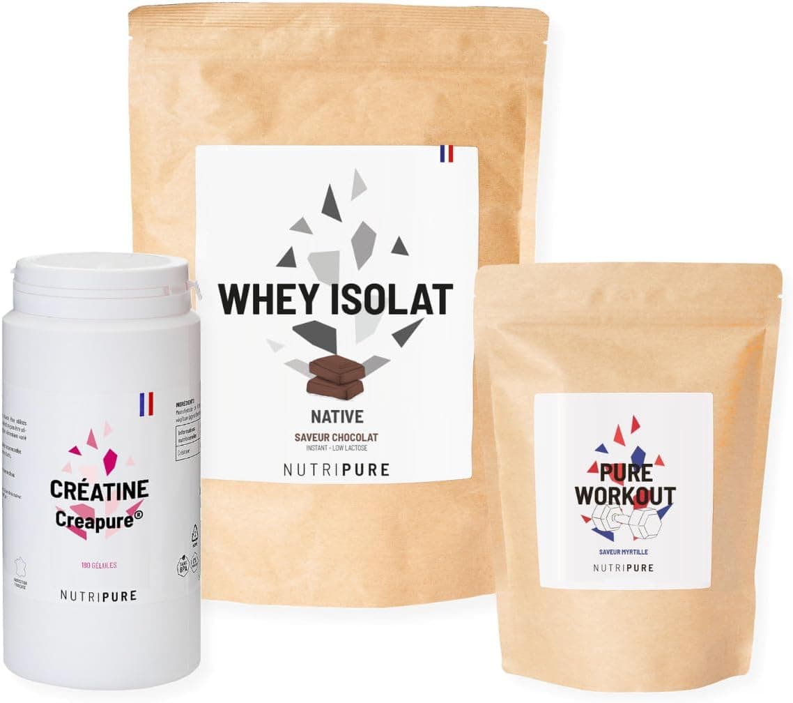 Nutripure | Pack Prise de Muscles | Whey Isolate Native + Créatine Monohydrate Gélules + Pre Workout (EAA, BCAA) | Idéal pour Musculation, Prise de Masse Musculaire, Fatigue Musculaire | Goût Chocolat