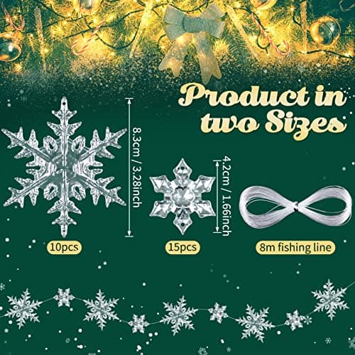 25 Pièces Acrylique Ornements de Flocons de Neige, Hiver Décorations avec Ligne De Cristal pour Fenêtres Cheminée Sapin de Noël