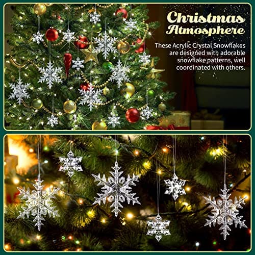 25 Pièces Acrylique Ornements de Flocons de Neige, Hiver Décorations avec Ligne De Cristal pour Fenêtres Cheminée Sapin de Noël