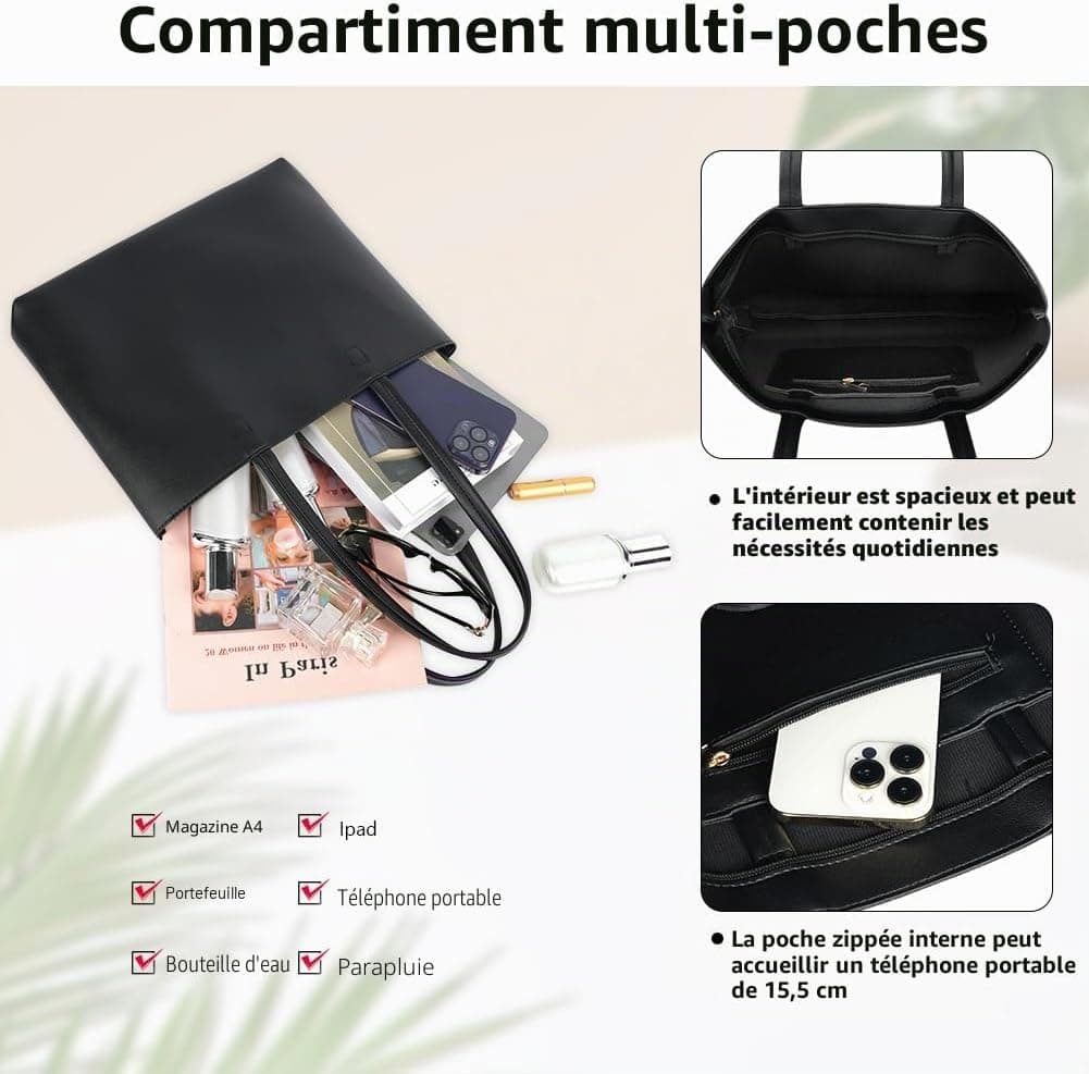 flintronic Sac a Main Femme, Sac Cabas Femme Grande Capacité, Fourre-Tout Cuir PU Souple, Shopper Porté Epaule Bandoulière pour le Travail, Voyages, Shopping, L'école