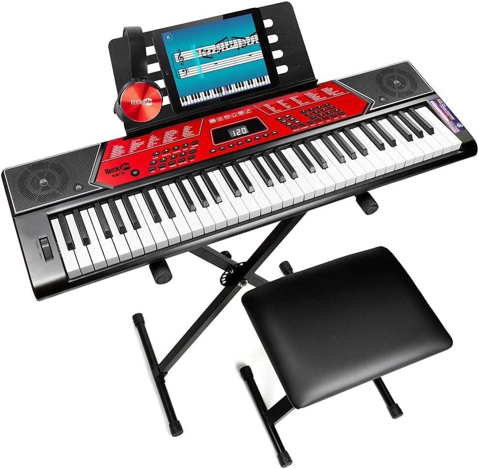 RockJam RJ6170 Kit Clavier Piano 61 Touches avec Pitch Bend, Rouge | Synthétiseur débutant 61 touches avec pitch bend, 200 sons, entrée aux, support, banc, casque et cours, rouge