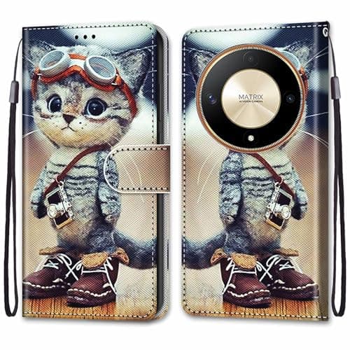 DiaryTown Coque pour Honor Magic 6 Lite Magnétique Fentes de Cartes Protection Cover Antichoc Silicone Housse Honor Magic6 Lite 5G Etui en Cuir PU Portefeuille Flip Case - Chat d'aventure