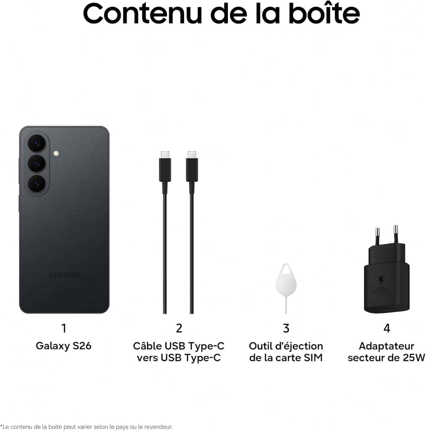 Samsung Galaxy S26, Smartphone Android 5G avec Galaxy AI, 256 Go, Chargeur Secteur Rapide 25W Inclus, Smartphone déverrouillé, Noir, Version FR