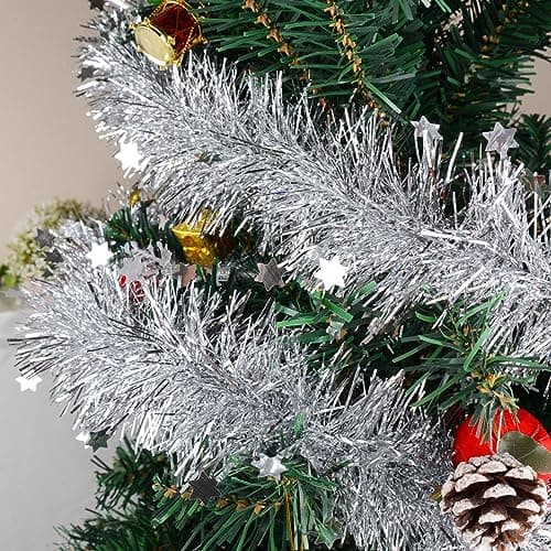 6PCS Guirlandes de Noël Tinsel 12m Avec Étoiles Décoration Scintillantes - Ornement Pendendif pour Sapin, Maison Intérieur, Fête, Anniversaire, Mariage (Argenté)
