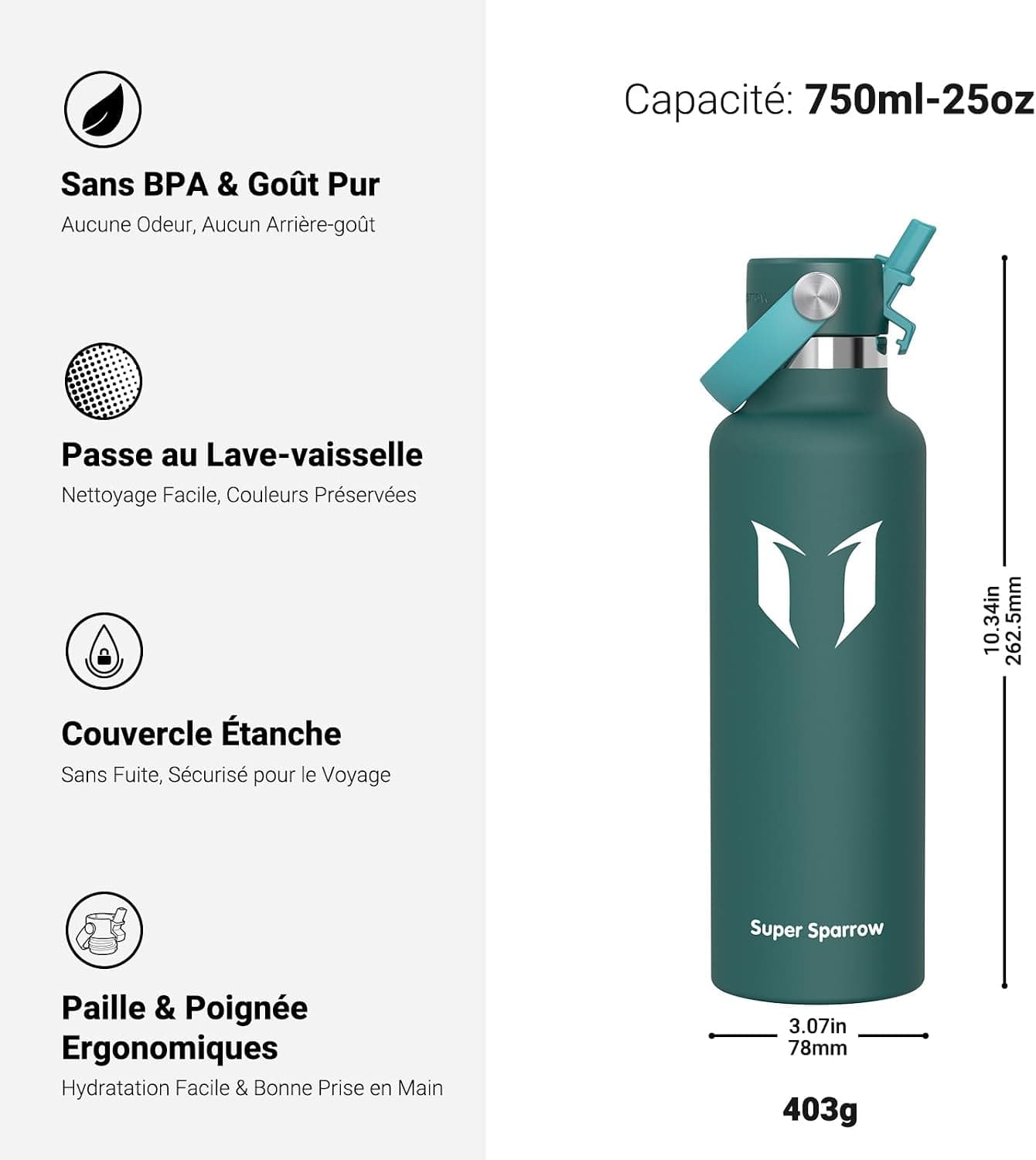 Sparrow Gourde Isotherme 500ml/750ml/1L/1.2L FlipFlow Bouteille Inox Paille