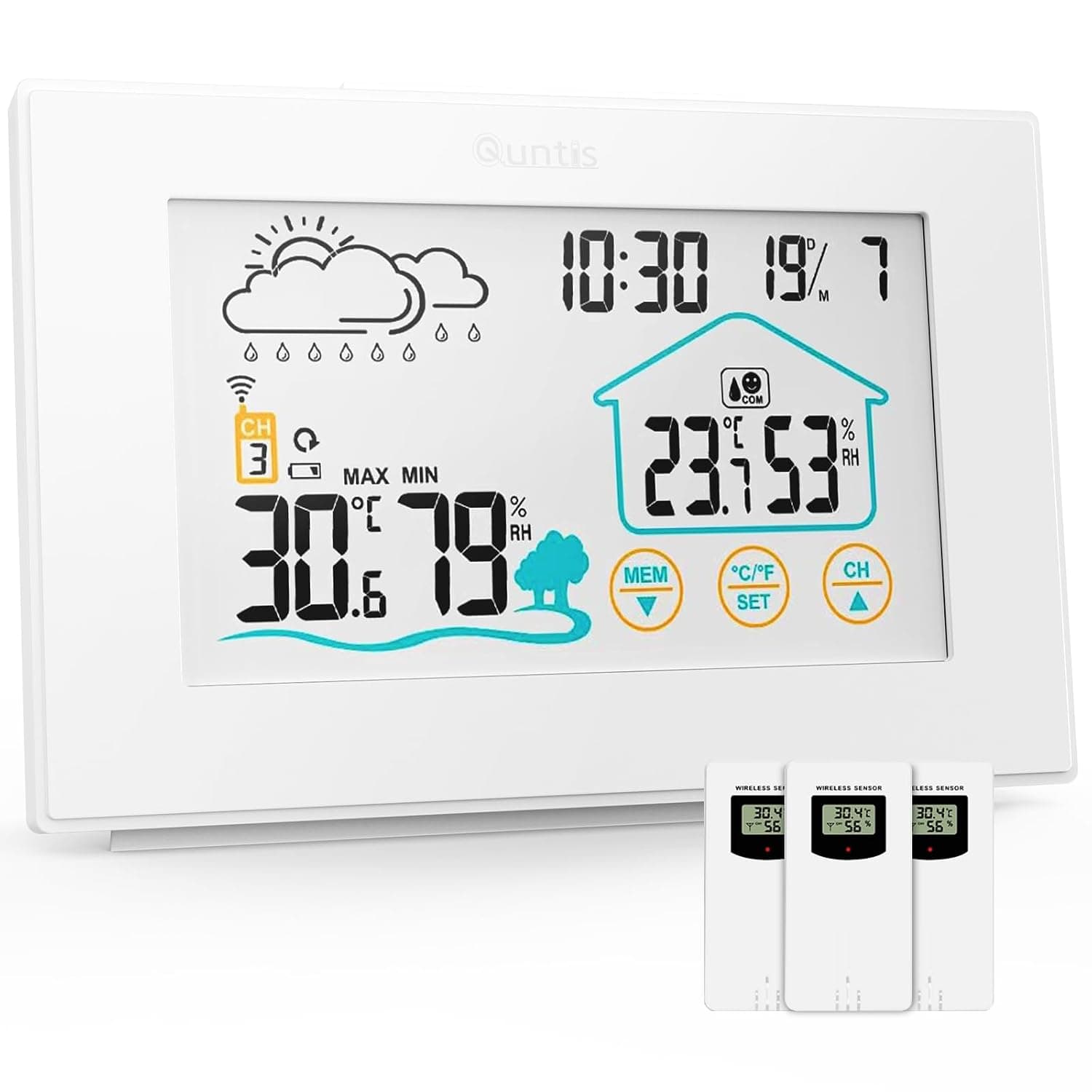 Station Météo sans Fil de Quntis avec 3 Capteurs Extérieurs Thermomètre Hygromètre Numérique Intérieur et Extérieur Station Météo Sans Fil Multifonction avec Affichage de l'heure Réveil Météo - blanc