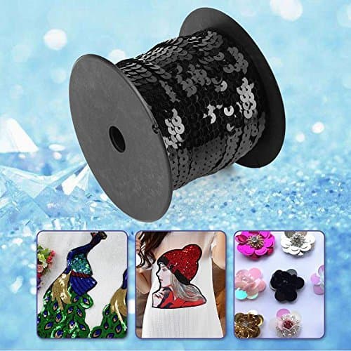 Oumefar 100 Yards 6mm ruban couture ruban paillette sequins Paillettes Ligne Paillettes Plates Bande Vêtement Garniture Cordes À Coudre Accessoires(Noir) Craftbead