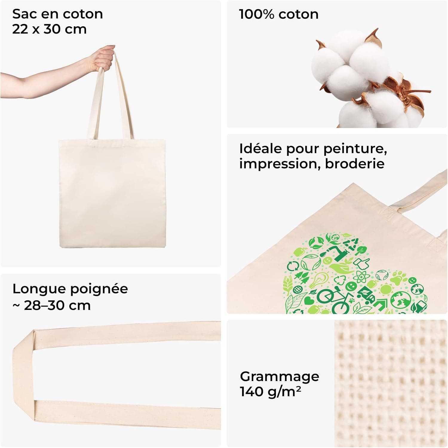 Sac en tissu à peindre non imprimé - pièces 38 x 42 cm - Tote Bag - 5, 10, 25 pièces - Sac en coton avec deux poignées longues - Sacs de courses