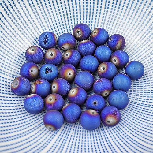MJDCB 10mm 35 pièces Géode Agate Bleu Perle Pierre Naturelle Ronde en Vrac Perles Semi Precieuse pour Fabrication de Bijoux de Bracelets et de Colliers