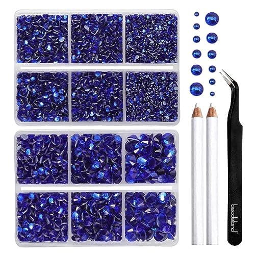 BEADSLAND Strass Hotfix, 6080PCS Strass Bleue Thermocollant pour Vetement Mixte 6 Tailles avec Crayon de Cire et Kit Pince à Épiler, SS6-SS30,Saphir