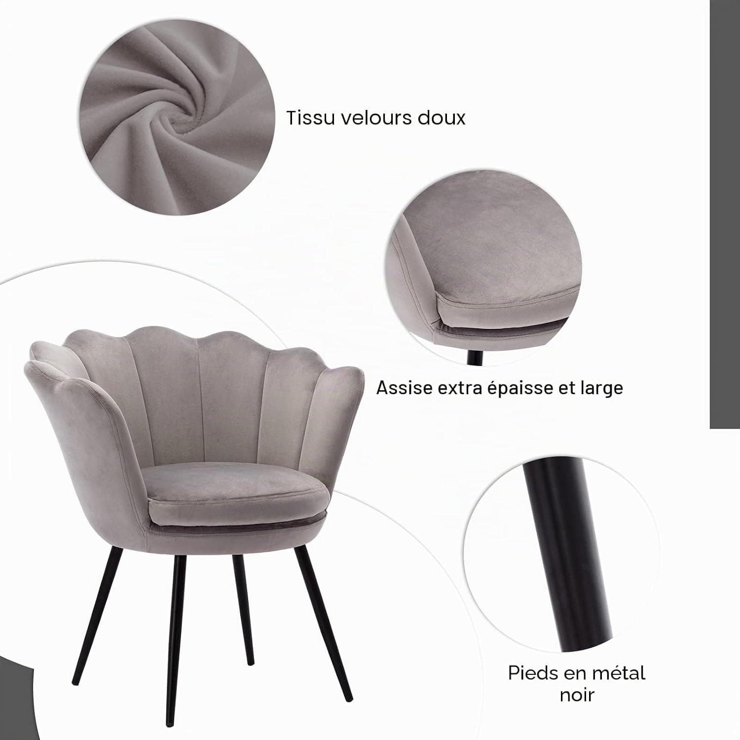 Wahson Fauteuil en Velours Chaise Salon avec Pieds en Métal Noir, Chaise Velour Confortable Chaise Cuisine pour Salon/Chambre/Coiffeuse (Gris)