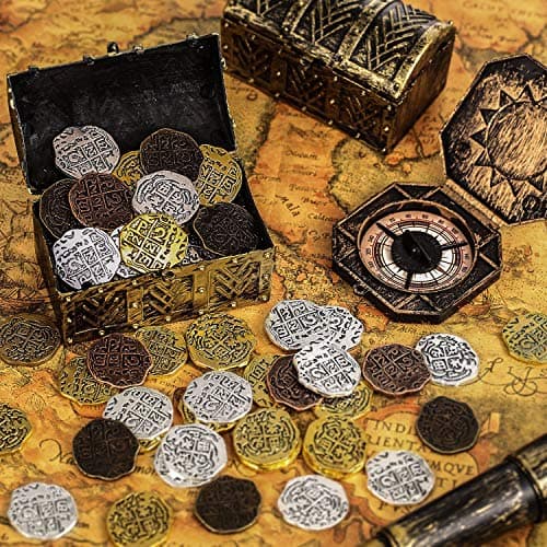 35 Pièces Pièces de Pirate en Métal Espanol Pièce de Trésor de Pirate Répliques Doubloon pour Décorations de Fête, Bronze, Bronze Antique Rouge, Or Antique et Argent Antique