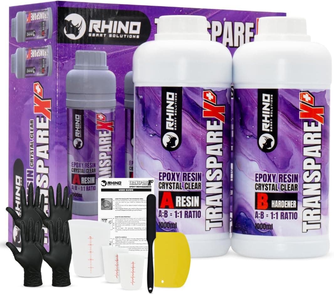 Resine Epoxy Transparente Kit RHINO Smart Solutions 1:1 TRANSPAREX+ 2.000ml Résine Transparent pour Artisanat, Créations Artistiques, Modélisme, River Table, Revêvement, Modelage et Bijoux