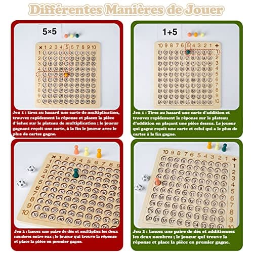 VEGCOO Jeu Table de Multiplication en Bois, Cartes de Multiplication Montessori Mathématique, Jeux de Plateau d'apprentissage des Multiplications pour Enfants de 3 à 12 Ans
