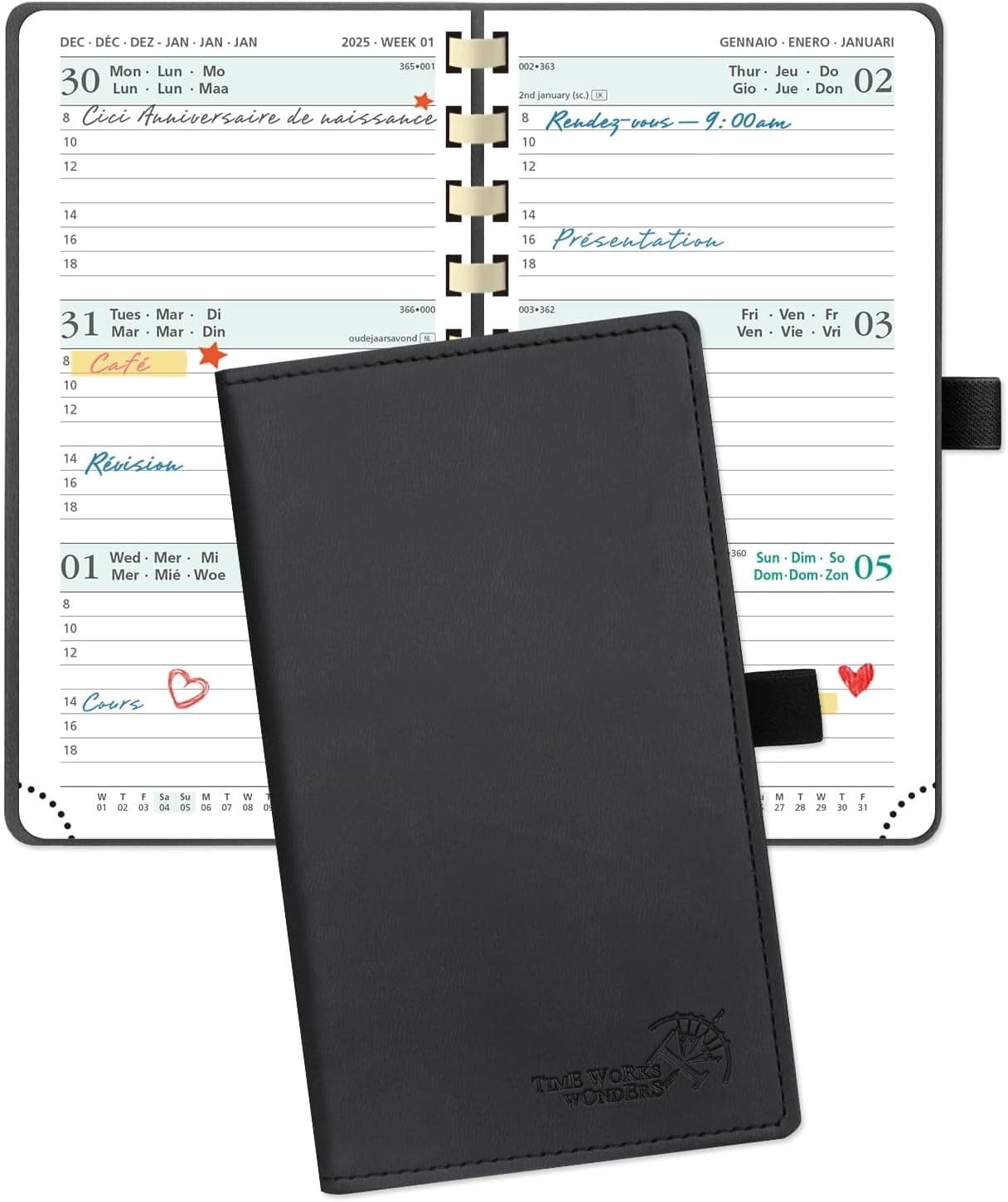 POPRUN Agenda de Poche 2025 16,5 x 9 cm - Couverture Souple en PU Cuir Spirale, Petit Planner Semainier D'Jan 2025 à Déc 2025-12 Mois, Fente Pour Carte, Papier 80 g/m2, Noir