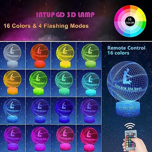 INTUPGD NTUPGD Basketball Veilleuse pour enfants, Veilleuse basket ball 3D Lampe 16 Couleurs Changeantes à intensité variable, Cadeau d'anniversaire et Décoration De Fête Lampe 3D