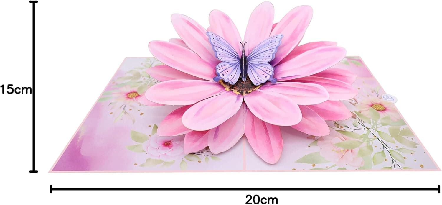 MOKIO® Carte Pop-Up 3D – Fleur et papillon – Carte de vœux | Carte fleurie avec grande fleur et papillon, pour anniversaire, bon rétablissement ou pour offrir de l’argent