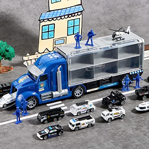 JOYIN Ensemble de Jouets de Camion de moulé sous Pression 25 en 1, Ensemble de véhicules de Jeu dans Un Camion Porteur, Cadeaux d'anniversaire pour Enfants (Voitures de Police)