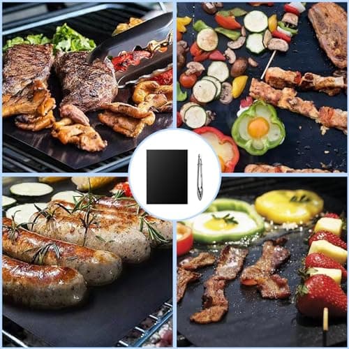 Diompirux 4 Pièces 50x40cm Cuisson Barbecue Tapis Anti-adhérent, avec Acier inoxydable Pinces à barbecue, Réutilisable, Nettoyable, Peut être coupé, pour Barbecue à Gaz, Charbon, Electrique
