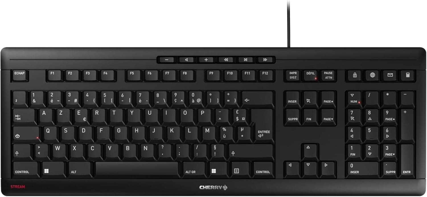 CHERRY Stream Keyboard, Clavier Filaire, Disposition française (AZERTY), Frappe silencieuse, Sensation de Frappe Unique, Design Plat, Noir