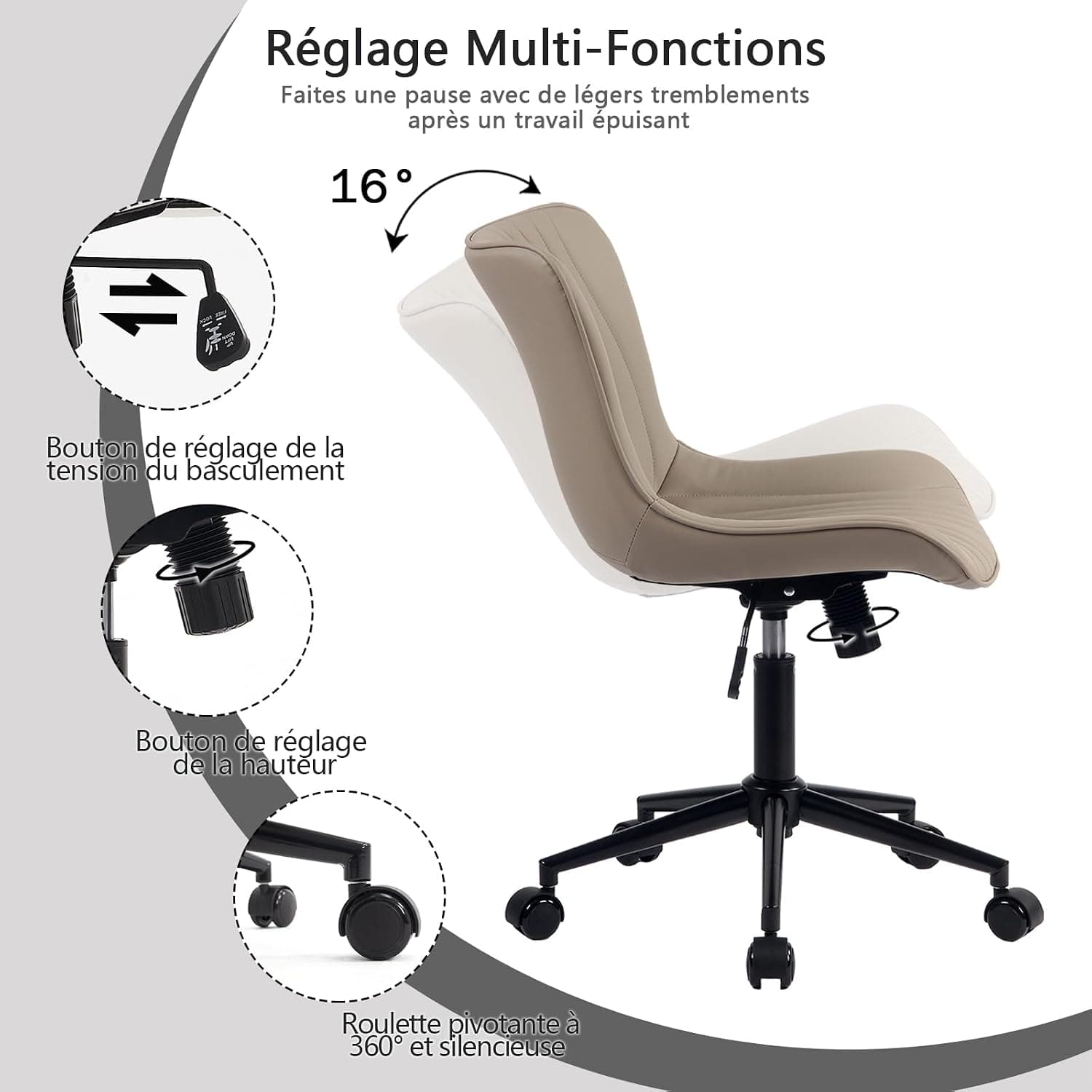 YOUTASTE Chaise de Bureau Ergonomique, Queue de Poisson, Siège Pivotant avec roulettes, Réglable en Hauteur, Cuir PU, Confortable et Modernee, pour Bureau ou Maison, Capacité 136kg, Kaki