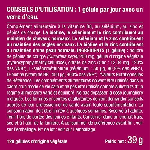 BIOTINE | Sans Excipient | Accélère la Pousse des Cheveux & Ongles | Avec Vitamine B8, Pépins de Courge, Zinc et Sélénium | 120 Gélules Vegan | Fabrication Française | Nutrimea