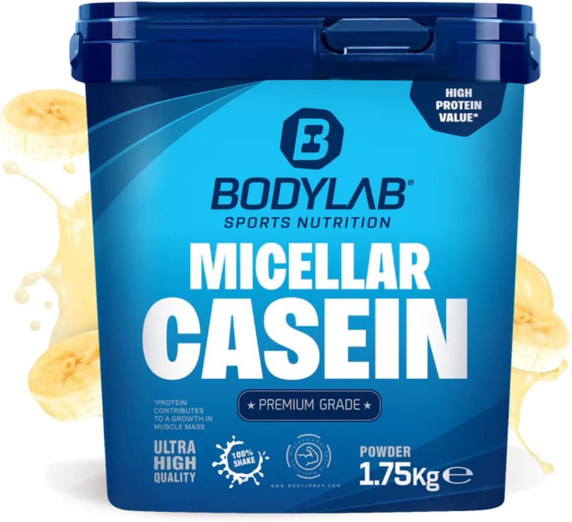 Bodylab24 Casein Micellar Banane 1750g, 100% caséine pure, riche en acides aminés BCAA, longue sensation de satiété, favorise la construction musculaire, idéal pendant un régime protéiné