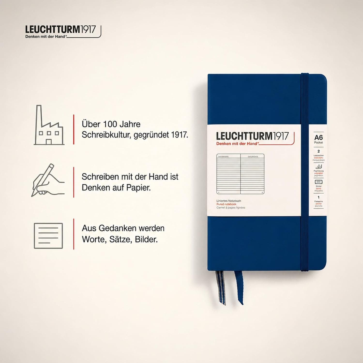 Leuchtturm1917 342918 Carnet Pocket A6 Ligné 185 pages numérotées Bleu marine
