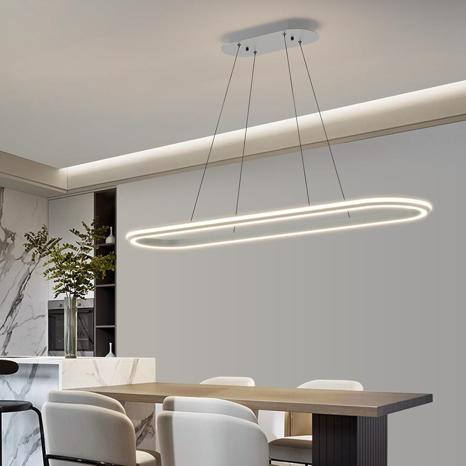 110cm Suspension Moderne Ovale Ajustable avec Télécommande, Luminosité Réglable de 10%-100%, Anti-Éblouissement avec Fonction Mémoire/Hauteur Ajustable