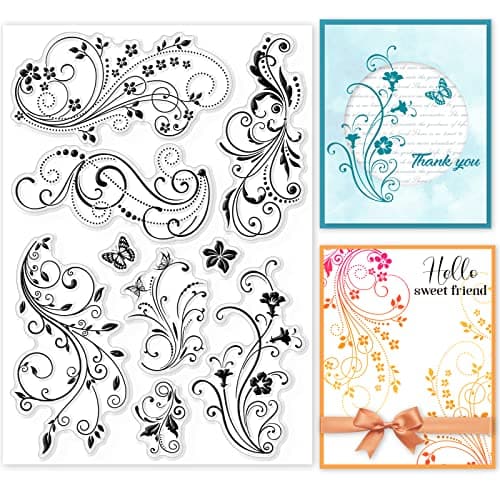 GLOBLELAND Fleur de Vigne Dentelle Tampons Transparents Décoratifs Flourish Papillon Silicone Transparent Timbre Joints pour la Fabrication de Cartes DIY Scrapbooking, 21x14.8cm/8.3x5.8inch