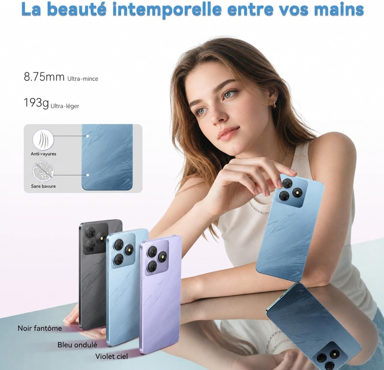 Telephone Portable Android, 6Go+64Go/TF 2To, Octa Core, Écran 6.56" HD+, Batterie 5000mAh Smartphone, 13MP+8MP, Smartphone Pas Cher 4G Dual SIM, Face ID/GPS/3Ans De Garantie - Bleu