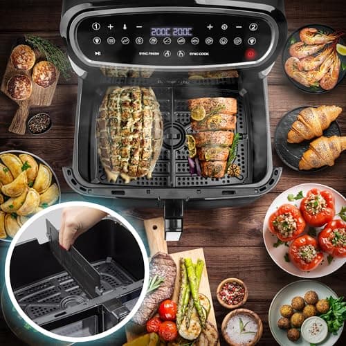 Duronic AF34 BK Set Friteuse à Air avec 1 grand tiroir de 10L et 2 petits tiroirs de 5L inclus | 10 Programmes de Cuisson Préréglés | Sans huile | Fonctions Sync Cook Sync Finish