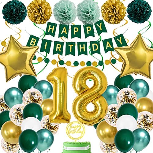 Décoration Anniversaire 18 Ans Vert Or - Ballons, Bannière Joyeux Anniversaire - Déco Fête pour Fille Homme