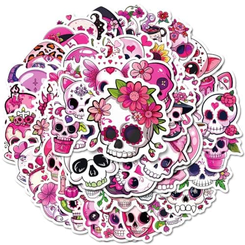 Autocollants de Crâne 50 Pcs Stickers Tête de Mort Adhésif Autocollant Halloween Scrapbooking Autocollants de Tête de Mort Sticker Decoration pour Bureau Ordinateur Portable Bouteille D'eau