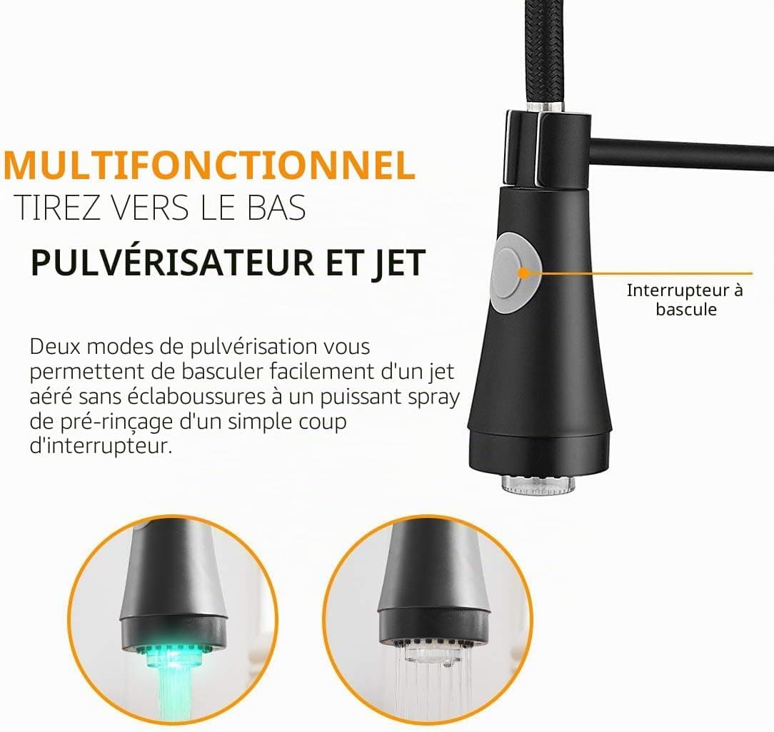 TIMACO Cuisines de robinet LED avec ressort en spirale, raccords d'évier pivotants à 360 °, robinetterie de cuisine et douche coulissante - Haute pression, noir