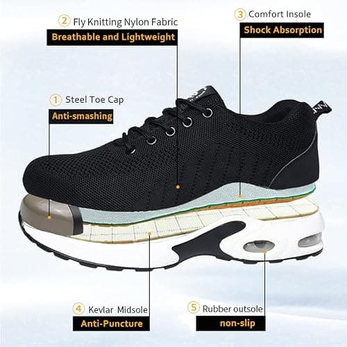 ziitop Chaussures de sécurité Homme Femme Basket de Securite Baskets Chantiers Embout Acier Respirant Chaussures de Travail Légère Anti-Perforation Tout Noir 38 EU