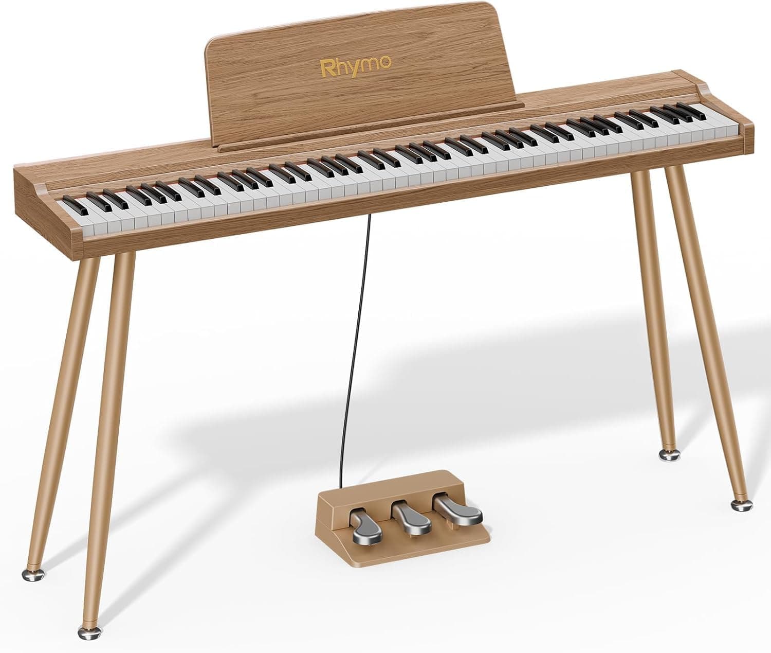 Rhymo Piano Numérique 88 Touches Semi-Lestées avec Support - Clavier Pleine Taille, Bluetooth Audio/MIDI, Mode Dual Player, Haut-parleurs 20W, Entrée Micro, Triple Pédale (couleur bois naturel)