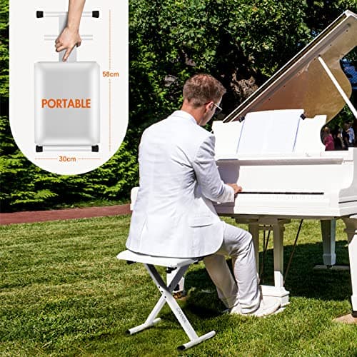 CAHAYA Banc de Piano Tabouret de Piano Pliable réglable en Hauteur, siège de Piano en Forme de X, Banc de Piano Stable Tabouret de Piano rembourré, Blanc CY0257-1