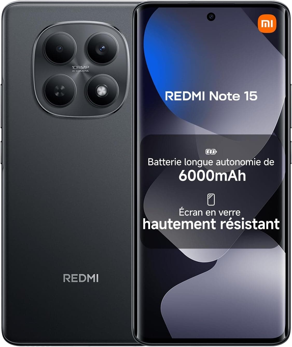 XIAOMI REDMI Note 15 Smartphone 8+256 Go Batterie 6000 mAh - Noir | Écran FHD+ 6,77", résistance eau IP64, caméra 108 MP ultra-nette, 2 ans de garantie, chargeur non inclus