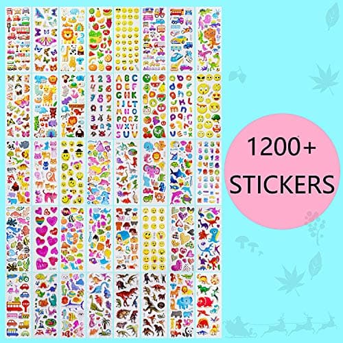 Stickers Enfant 1200+, Gommettes Enfants 2 Ans 3 Ans 4 Ans, 40 Feuilles 3D Gommettes Autocollants Enfant pour Récompenser Scrapbooking, y Compris Voiture, Chiffre, Animaux, Dino, Fruit, Poisson, etc