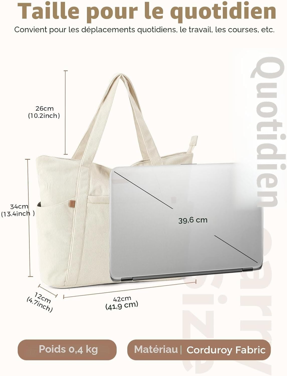 Lekesping Sac Fourre-Tout Femme Grand en Velours Côtelé, Bandouliere Cabas avec Fermeture Éclair et Poches, Léger Sac a Main Ordinateur 17 Pouces pour Voyage Shopping Université et Usage Quotidien