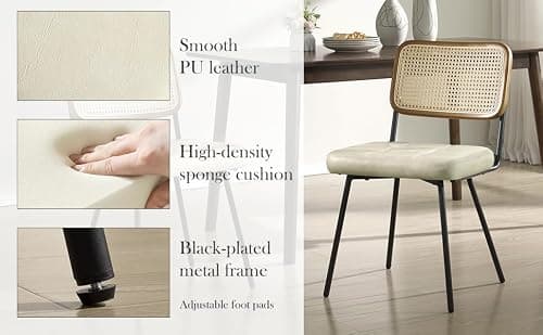 Zouron Chaises de Salle à Manger en rotin Lot de 2,Chaise de Salle à Manger Moderne du Milieu du siècle avec Pieds en métal,Chaise de Cuisine avec Dossier en rotin,Chaise en Cuir rembourré,Beige