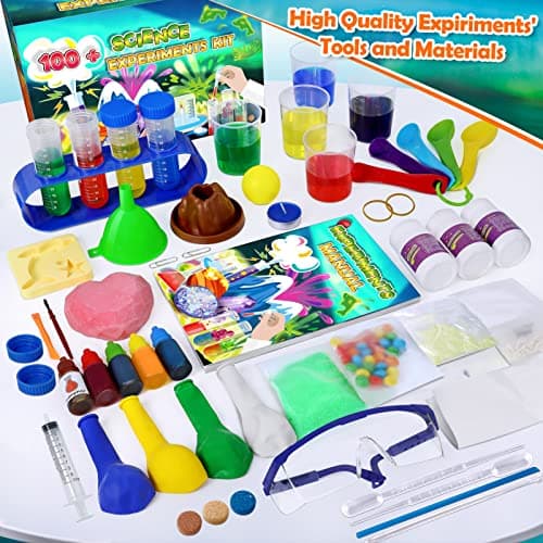 UNGLINGA 100+ Experiences Kit Scientifique pour Enfants, Laboratoire de Chimie et Kit Volcan, Sable Magique, Fouille de Pierres Précieuses, Fizzy Réaction Éducatifs Activités
