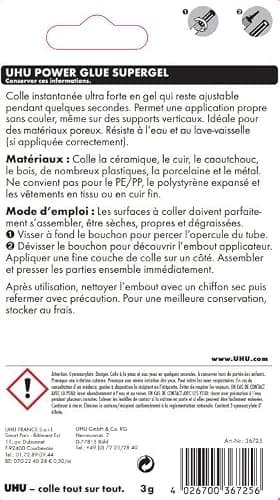 UHU Power glue gel - Colle instantanée ultra rapide et forte, ne coule pas, sans solvants, transparente, tubes 2x3g